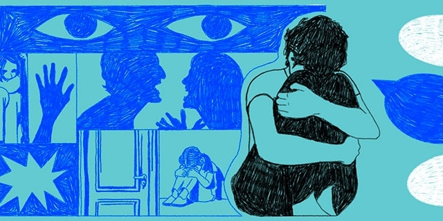 Sad person sitting in the corner, Eyes, Hands Doors shut and people arguing. Traumatic experiences